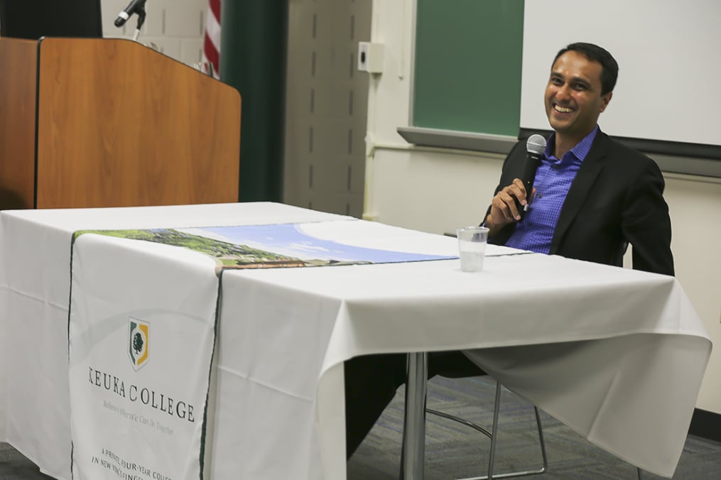 Interfaith Youth Core founder and President Eboo Patel laughs as he takes questions from Keuka College students Friday, May 5, 2017, prior to delivering the 29th Annual Carl and Fanny Fribolin Lecture.