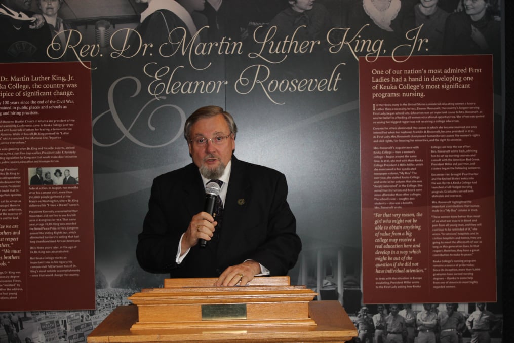 Keuka College Trustee Donald Wertman speaks at the unveiling of sculptures of Rev. Dr. Martin Luther King, Jr. and Eleanor Roosevelt at the Collge's Lightner Library on Friday, May 5, 2017. The busts were created by Keuka College Professor Emeritus of Art Dr. Dexter Benedict and commissioned by Wertman and his wife, Christine.