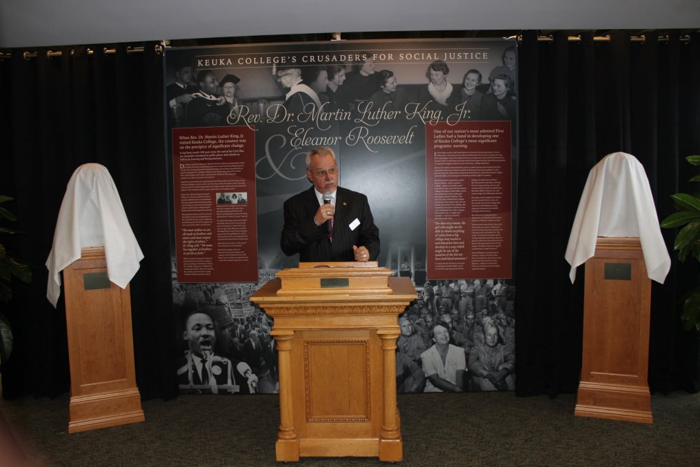 Keuka College President Dr. Jorge Díaz-Herrera speaks at the unveiling of sculptures commemorating Rev. Dr. Martin Luther King, Jr. and Eleanor Roosevelt at the College's Lightner Library on May 5, 2017.