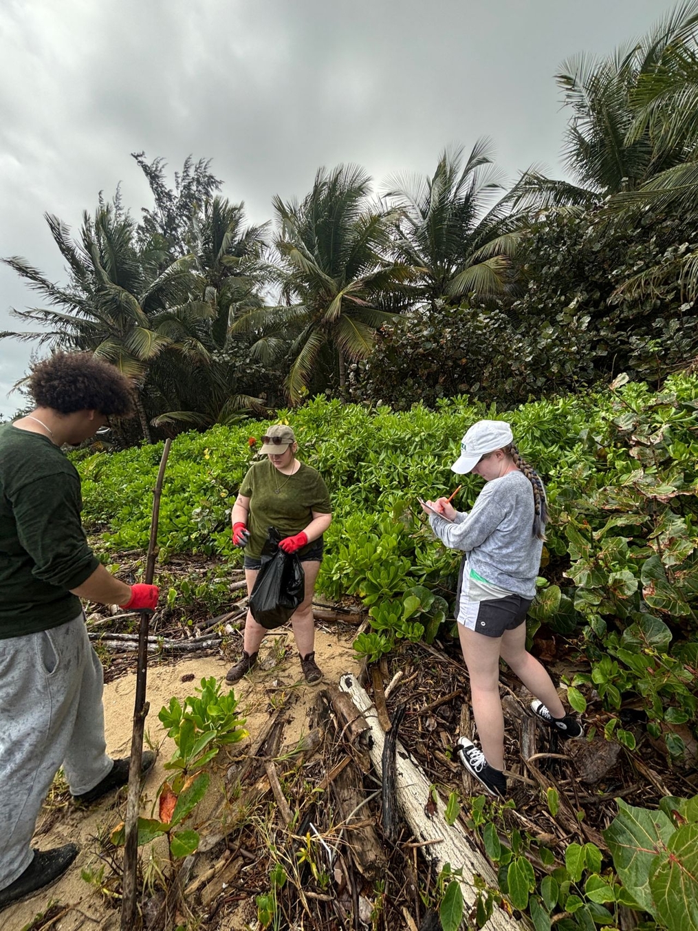 Three students wearing gloves work on a debris-covered tropical beach under an overcast sky. One person holds a large stick, another carries a trash bag, and a third writes on a clipboard while surrounded by dense green coastal vegetation and palm trees.
